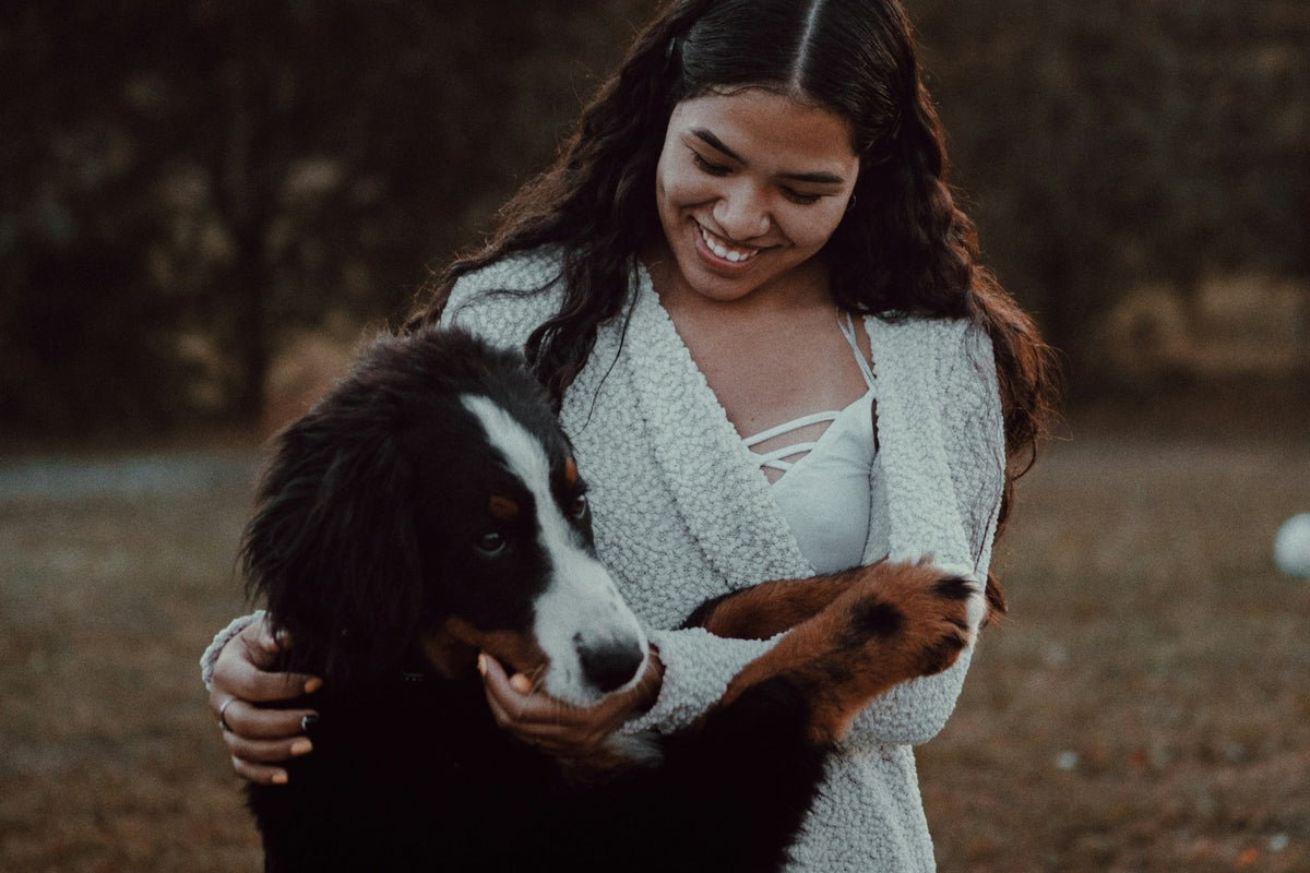 Someone kneeling beside a dog outdoors, holding it steady